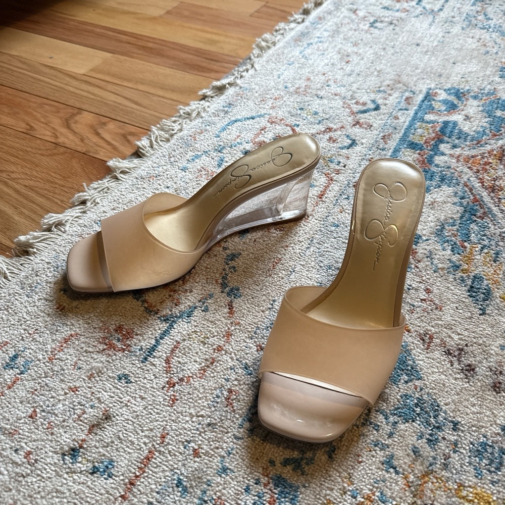 Jessica Simpson Nude Tan Clear Wedge Mules